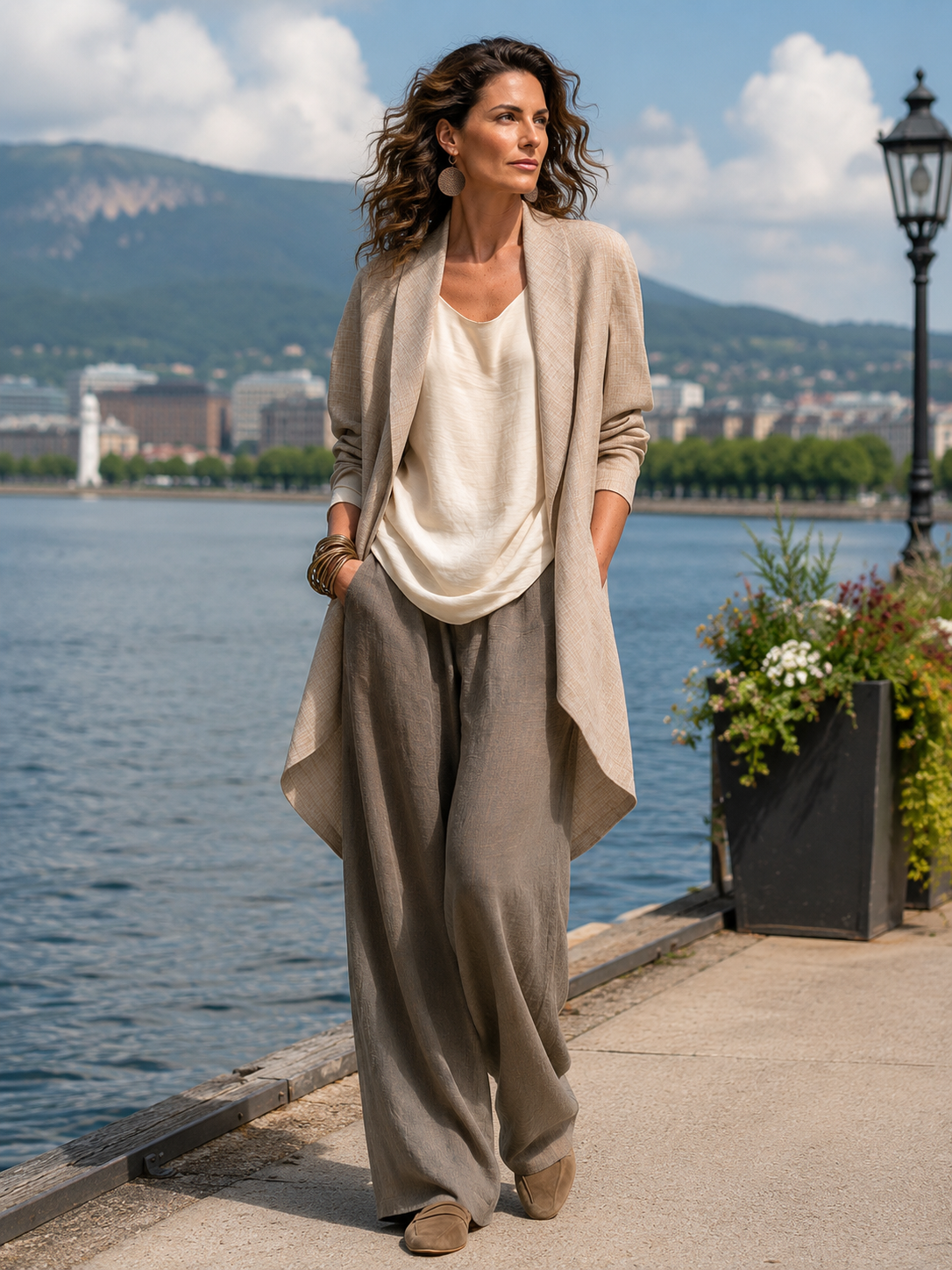 Mavelle - Ensemble femme trois pièces beige-gris avec pantalon large