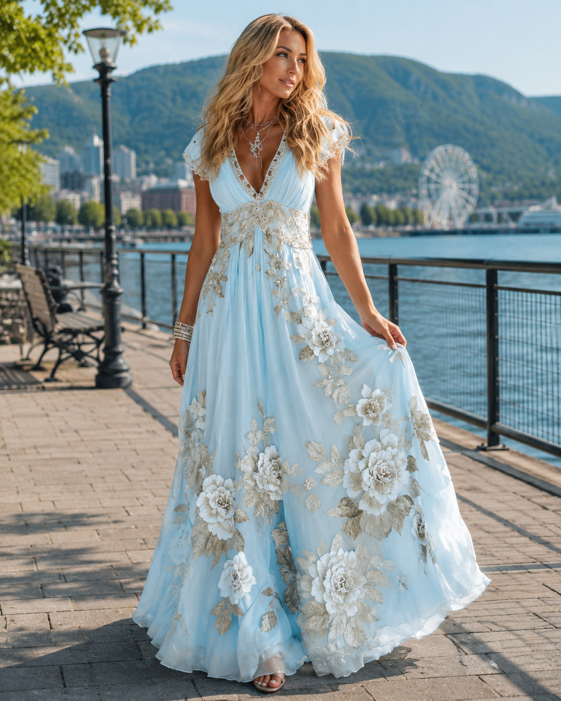 Noemiya - Robe longue femme en chiffon avec dentelle brodée