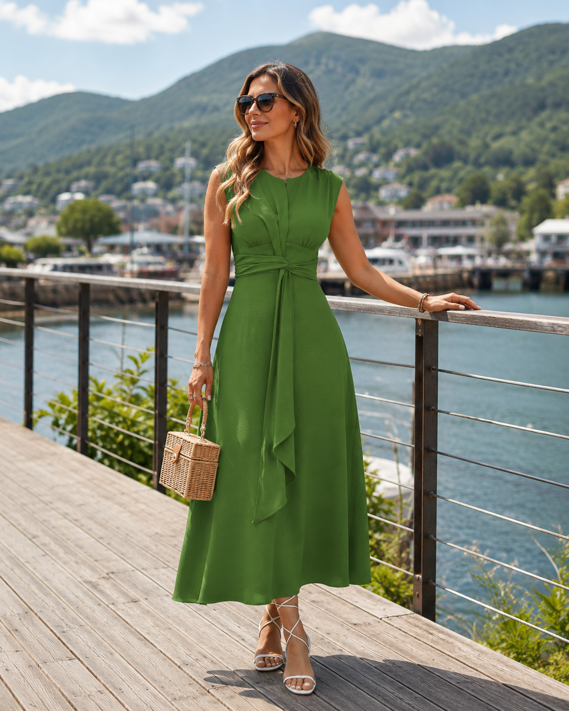Orivessa - Robe longue femme unie sans manches avec ceinture drapée