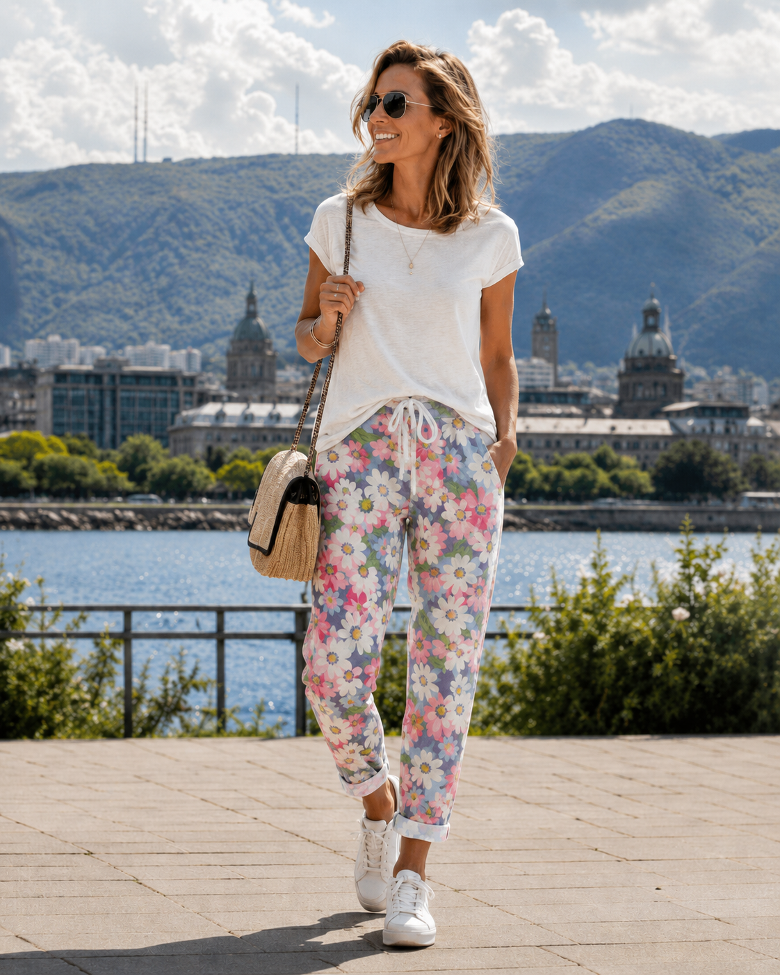 Marovelle - Pantalon femme fleuri avec taille ajustable et poches