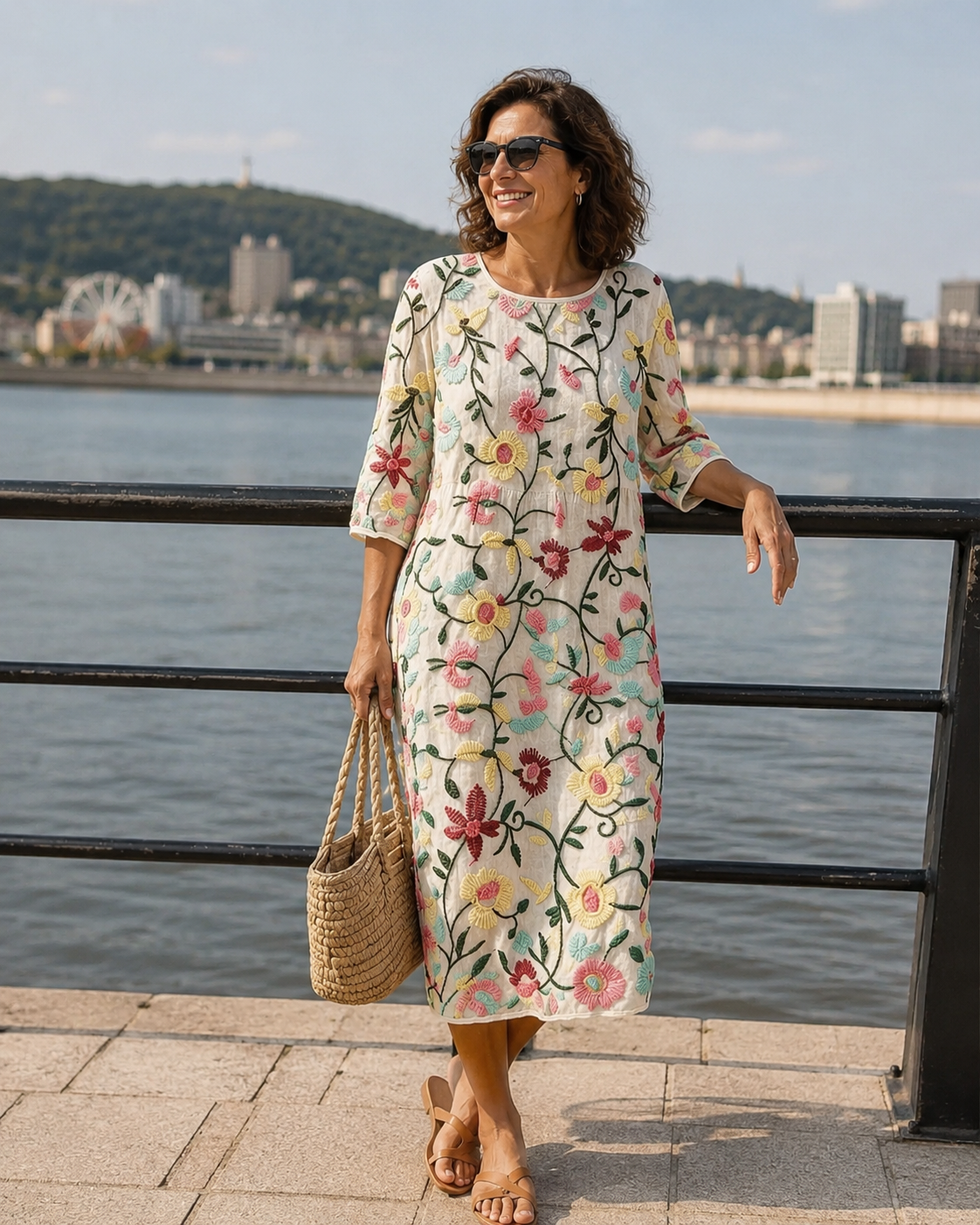 Elyrae - Robe midi femme brodée à fleurs multicolores