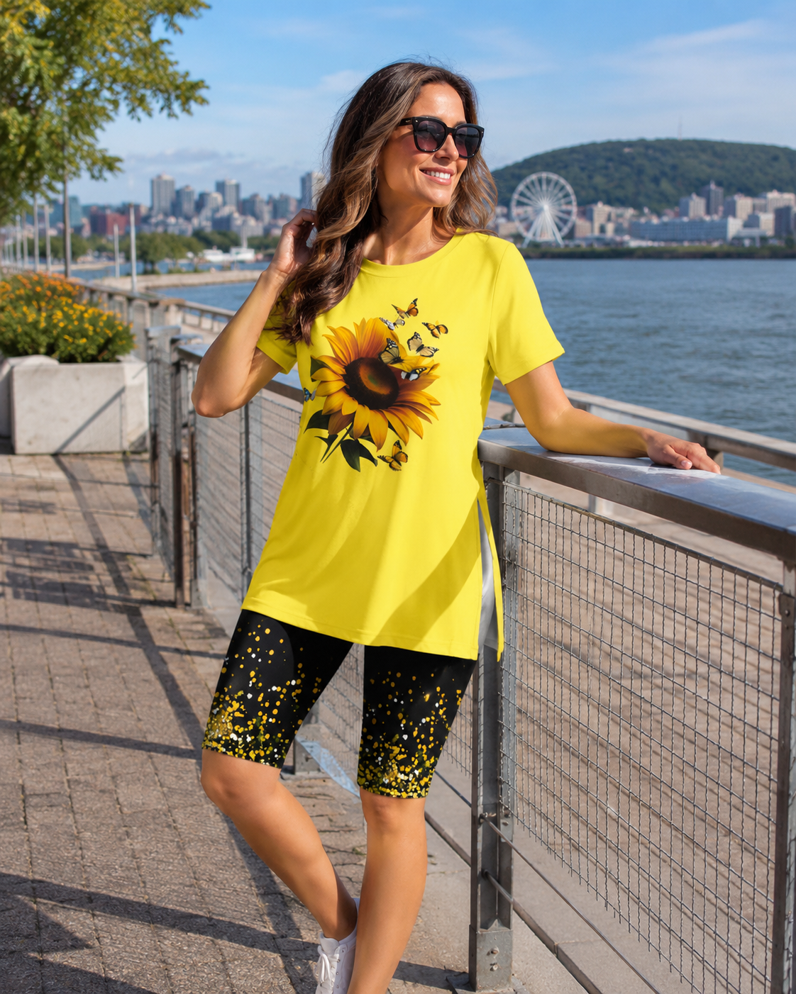 Evorielle - Ensemble femme tunique longue imprimée tournesol et short assorti