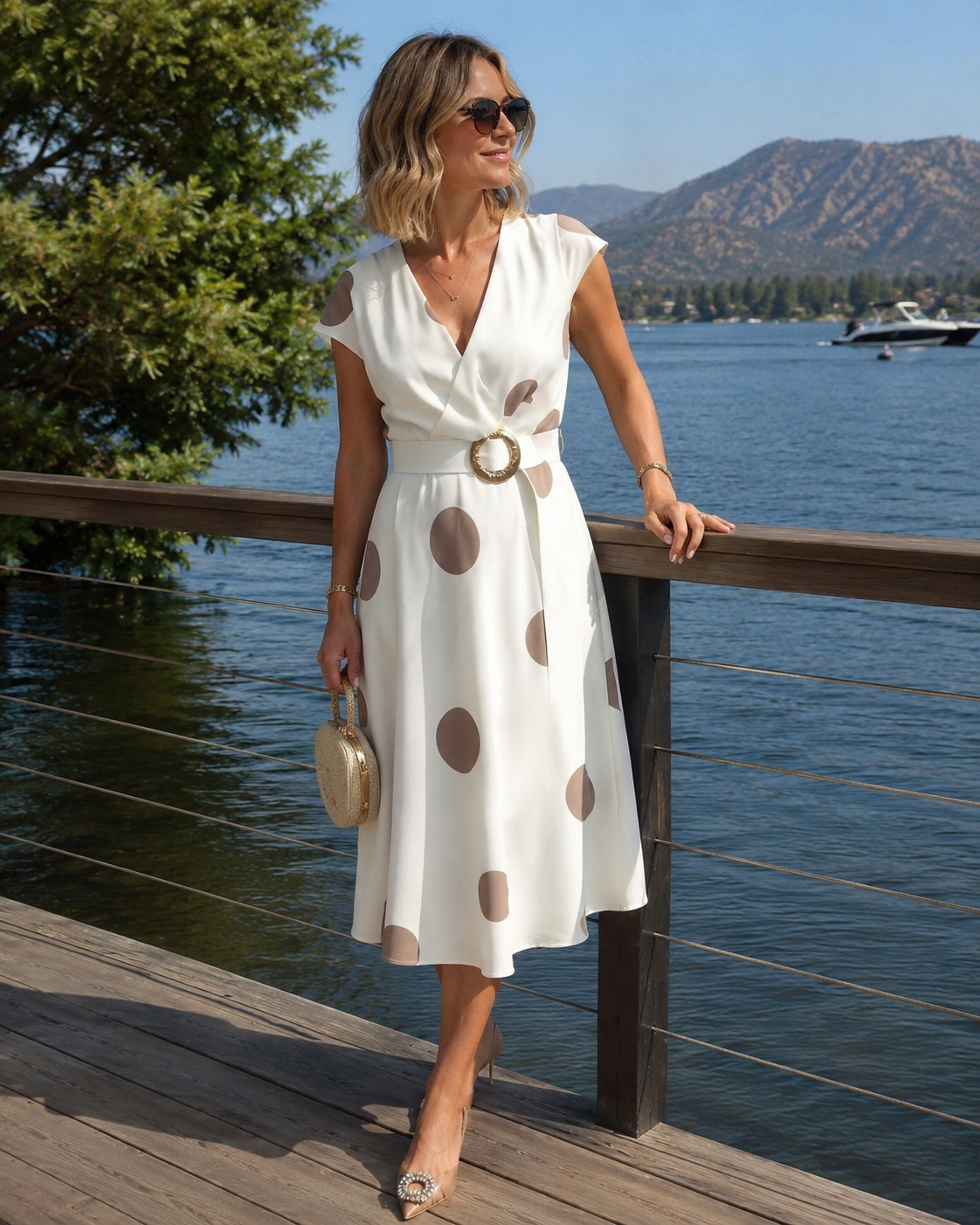 Kalessae - Robe midi femme à pois avec décolleté en V
