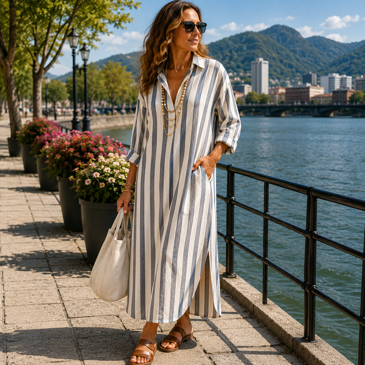 Tyvessa - Robe chemise midi femme à rayures verticales