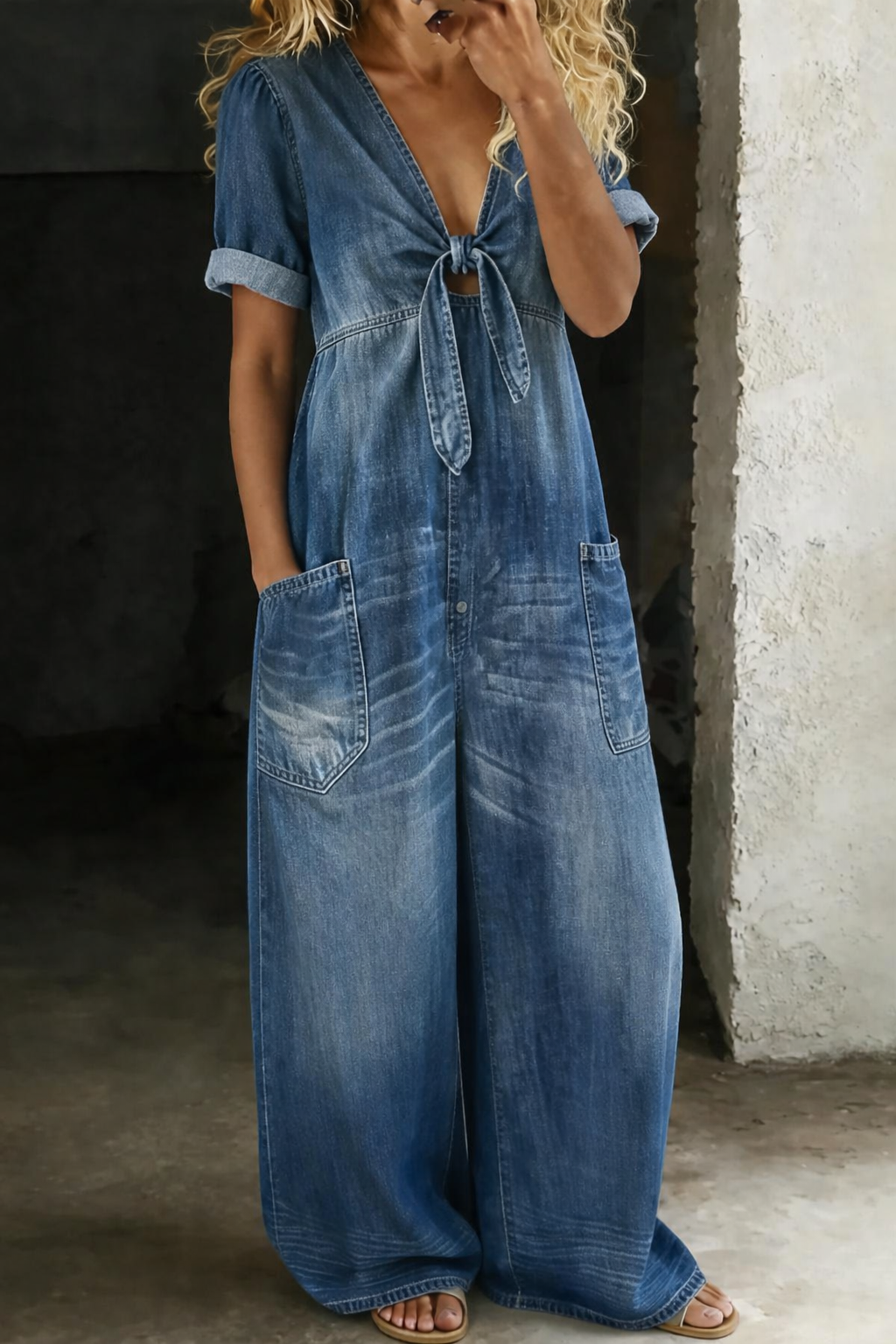 Lioritha - Combinaison femme denim fluide col V jambe large