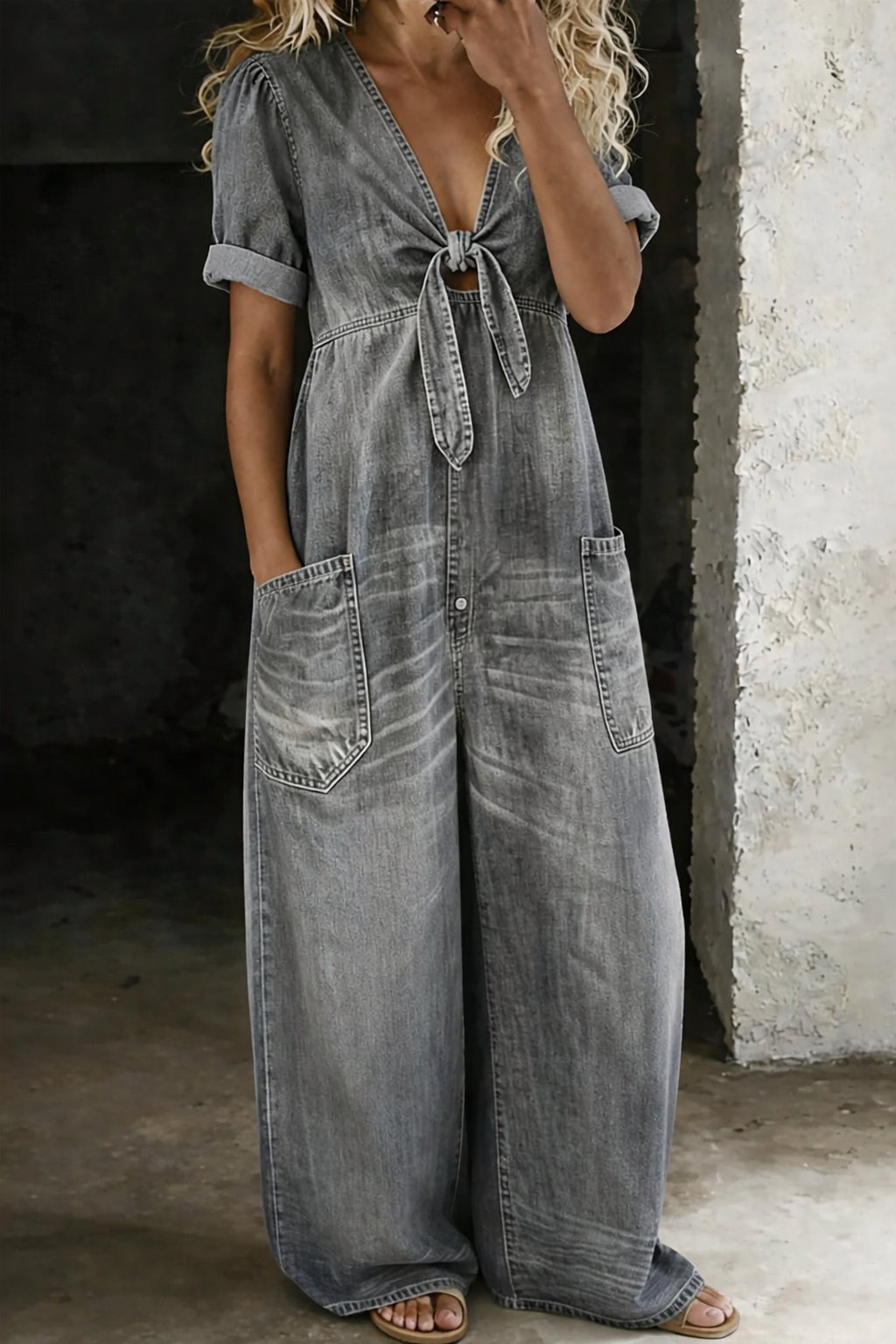 Lioritha - Combinaison femme denim fluide col V jambe large