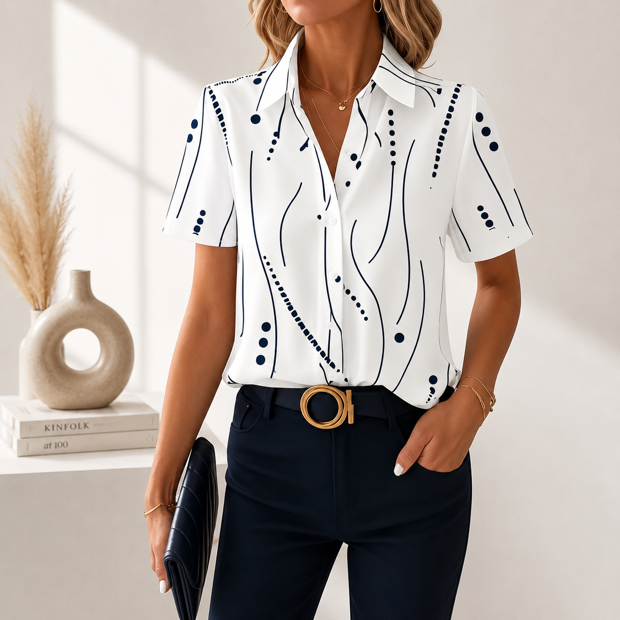 Talyria - Blouse femme bleue à imprimé abstrait et manches courtes