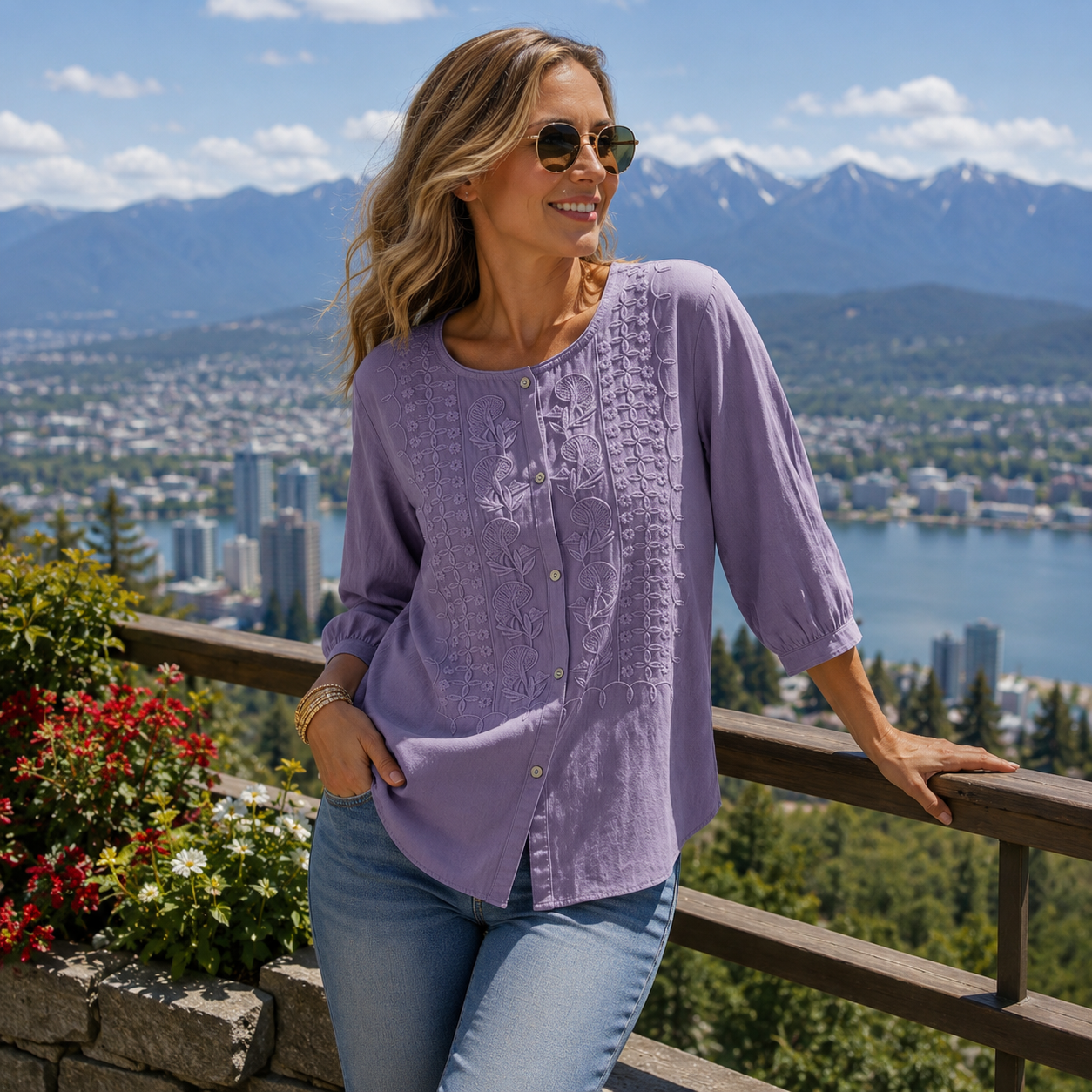 Sorivelle - Blouse brodée femme en coton et lin à manches 3/4