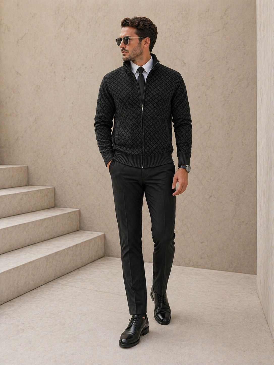 Fabian - Cardigan homme zippé col montant tricot jacquard coupe moderne
