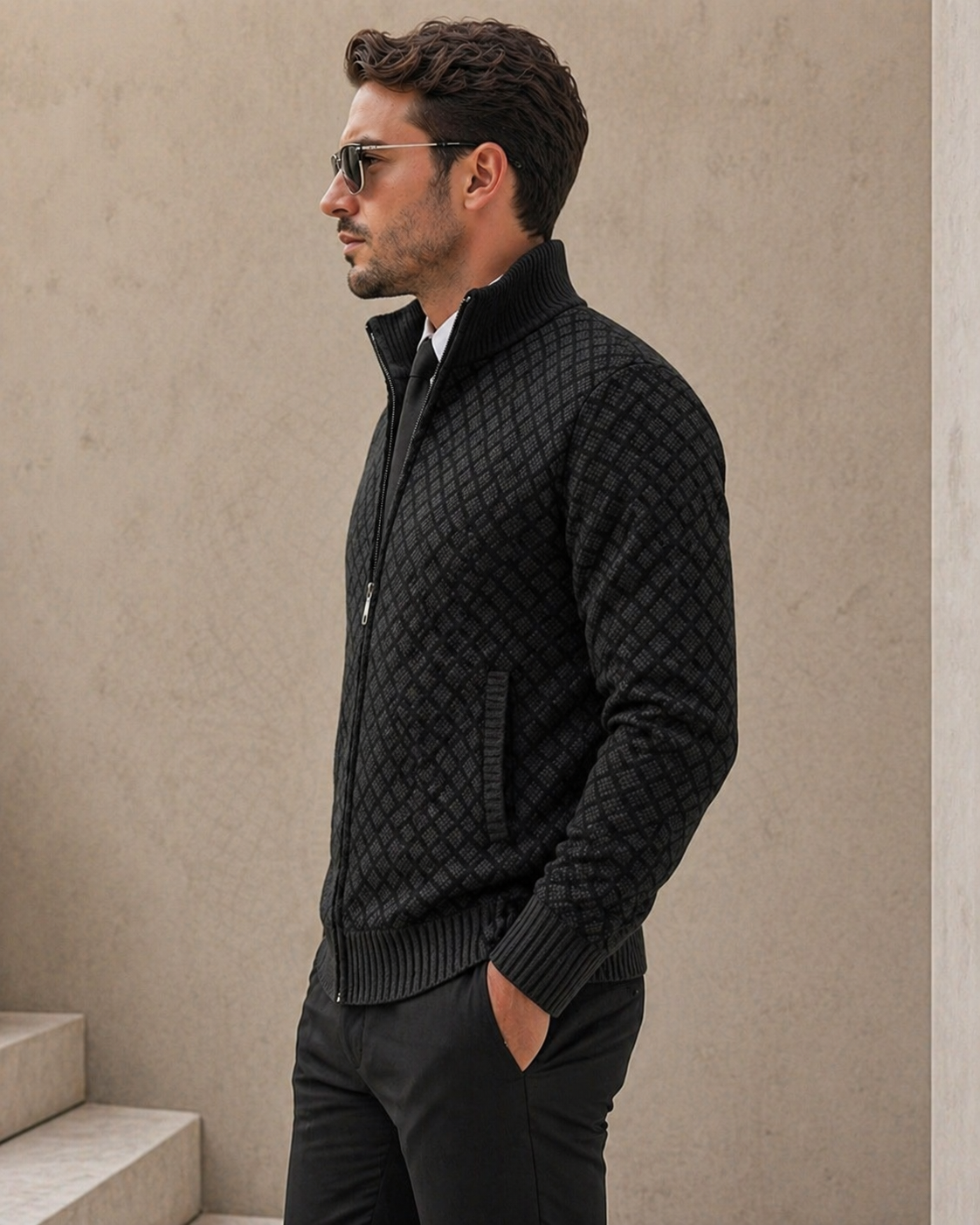 Fabian - Cardigan homme zippé col montant tricot jacquard coupe moderne