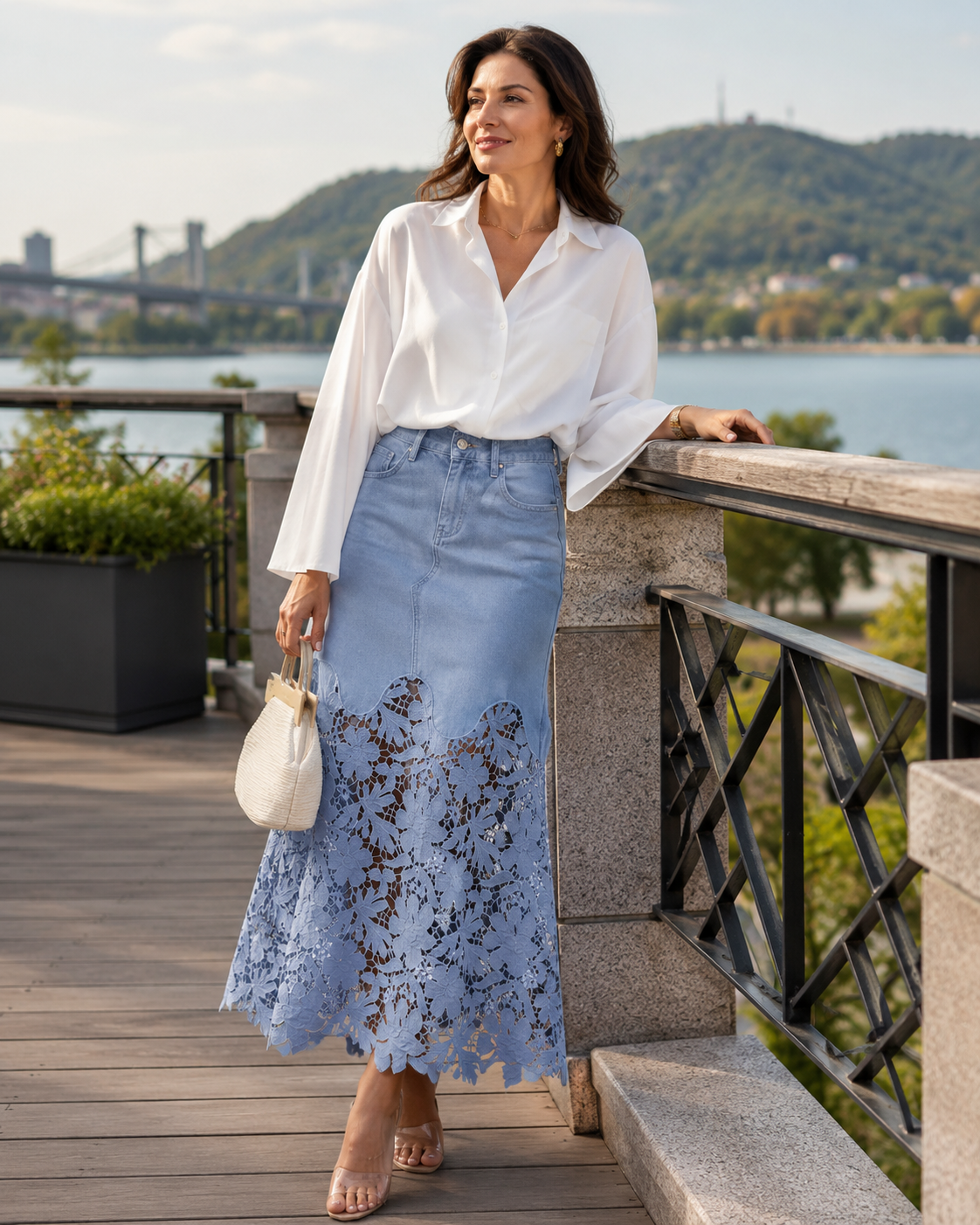 Helynora - Jupe longue denim femme avec bord en dentelle florale
