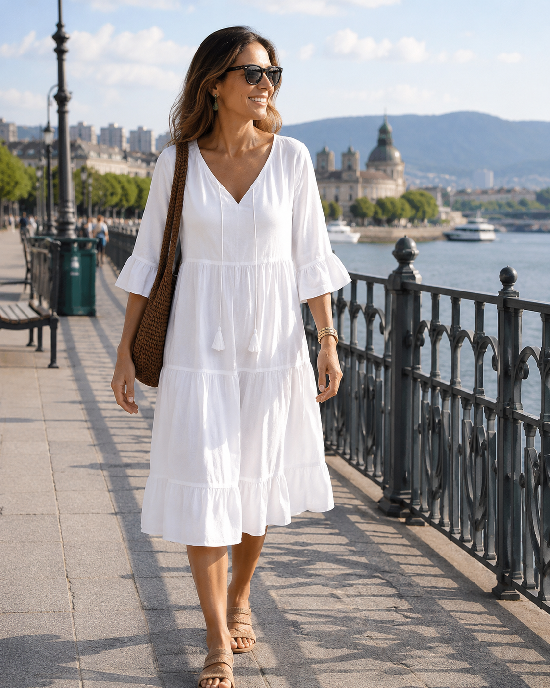 Faelora - Robe midi femme en coton à col en V et coupe fluide
