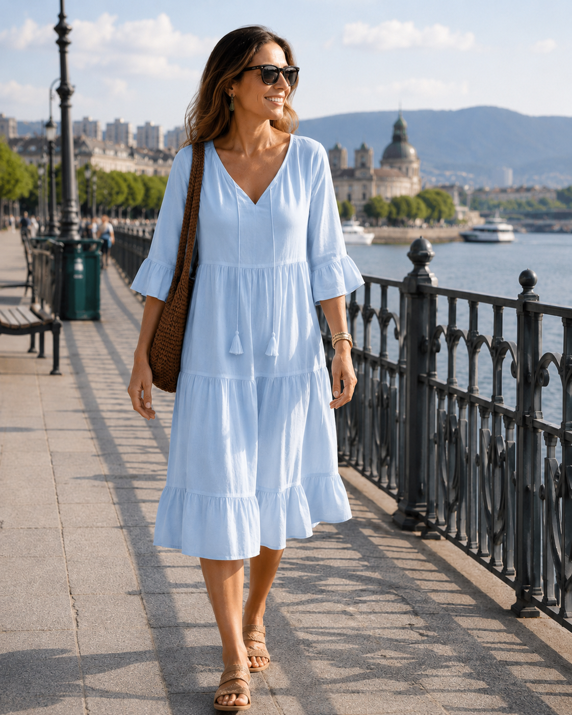 Faelora - Robe midi femme en coton à col en V et coupe fluide