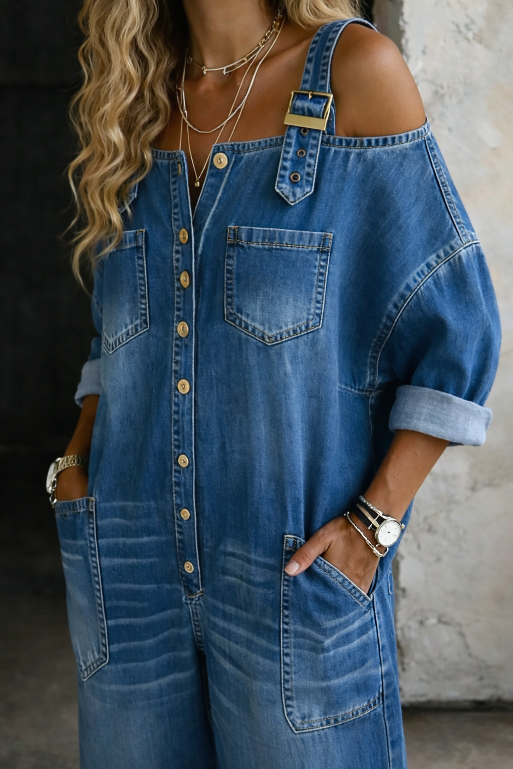 Aurexa - Combinaison Femme Denim Épaules Dénudées Coupe Ample Élégante