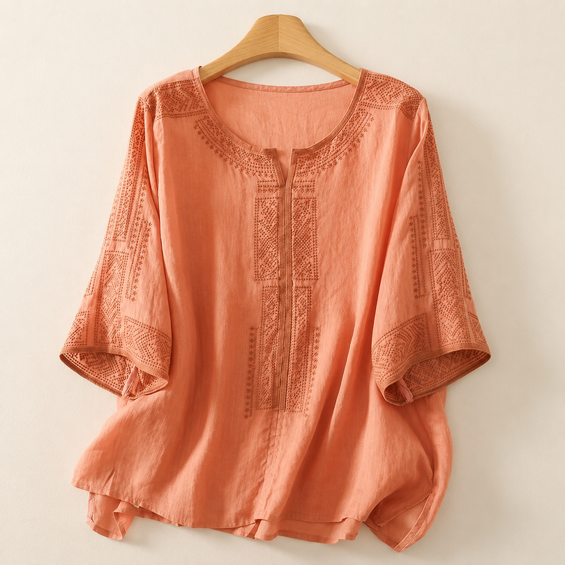 Prune - Blouse femme en lin brodé à manches trois-quarts