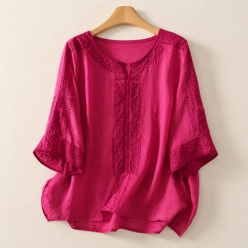 Prune - Blouse femme en lin brodé à manches trois-quarts