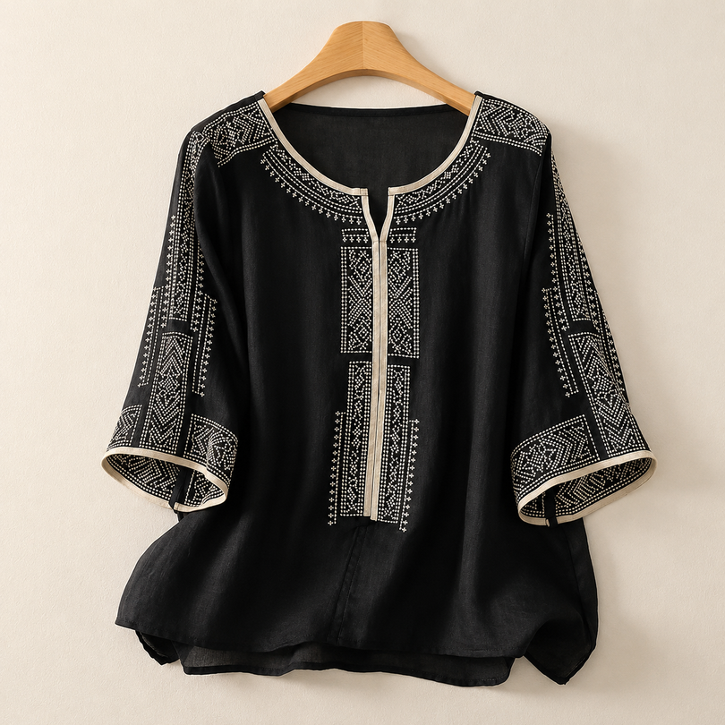 Prune - Blouse femme en lin brodé à manches trois-quarts