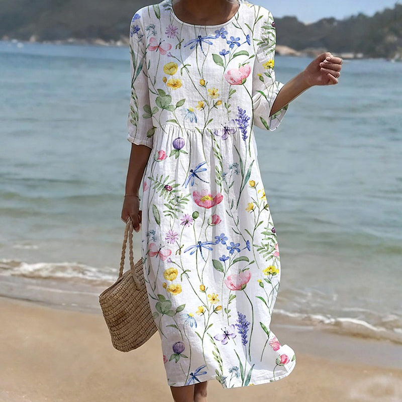 Noralisse - Robe midi femme à motif floral et manches mi-longues