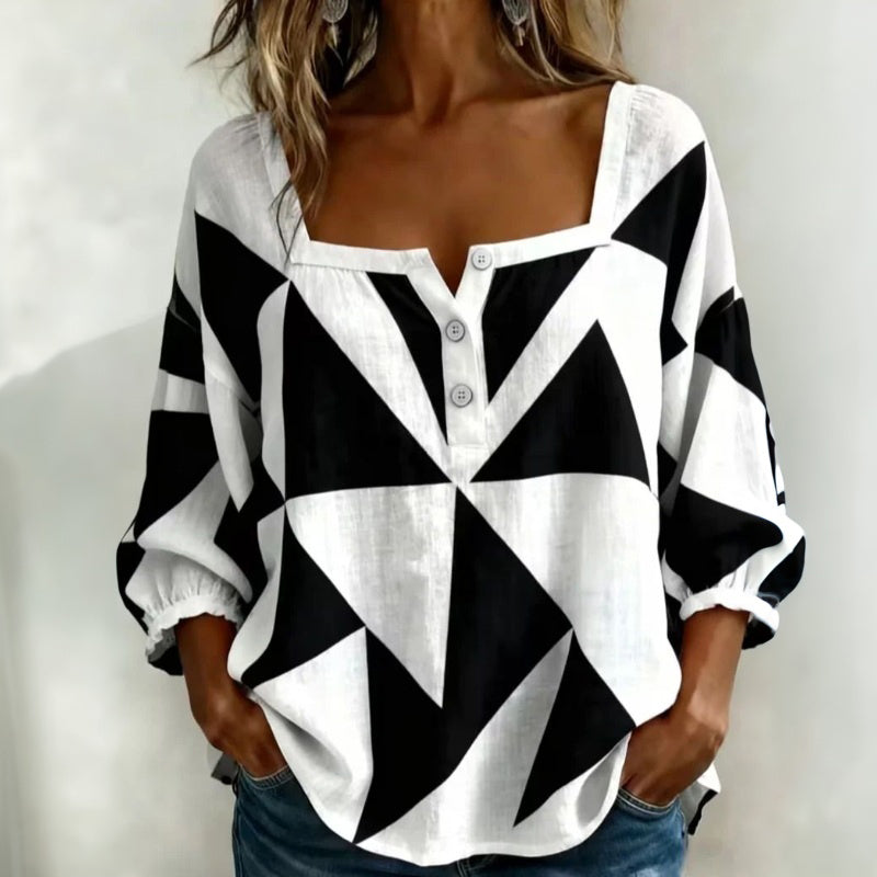 Magnolia - Blouse femme géométrique à col carré et boutons décoratifs