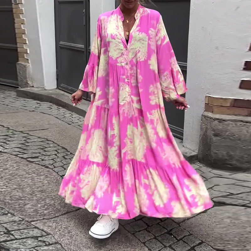 Greta - Robe Patchwork Ample avec Col en V et Manches Cloches Imprimées