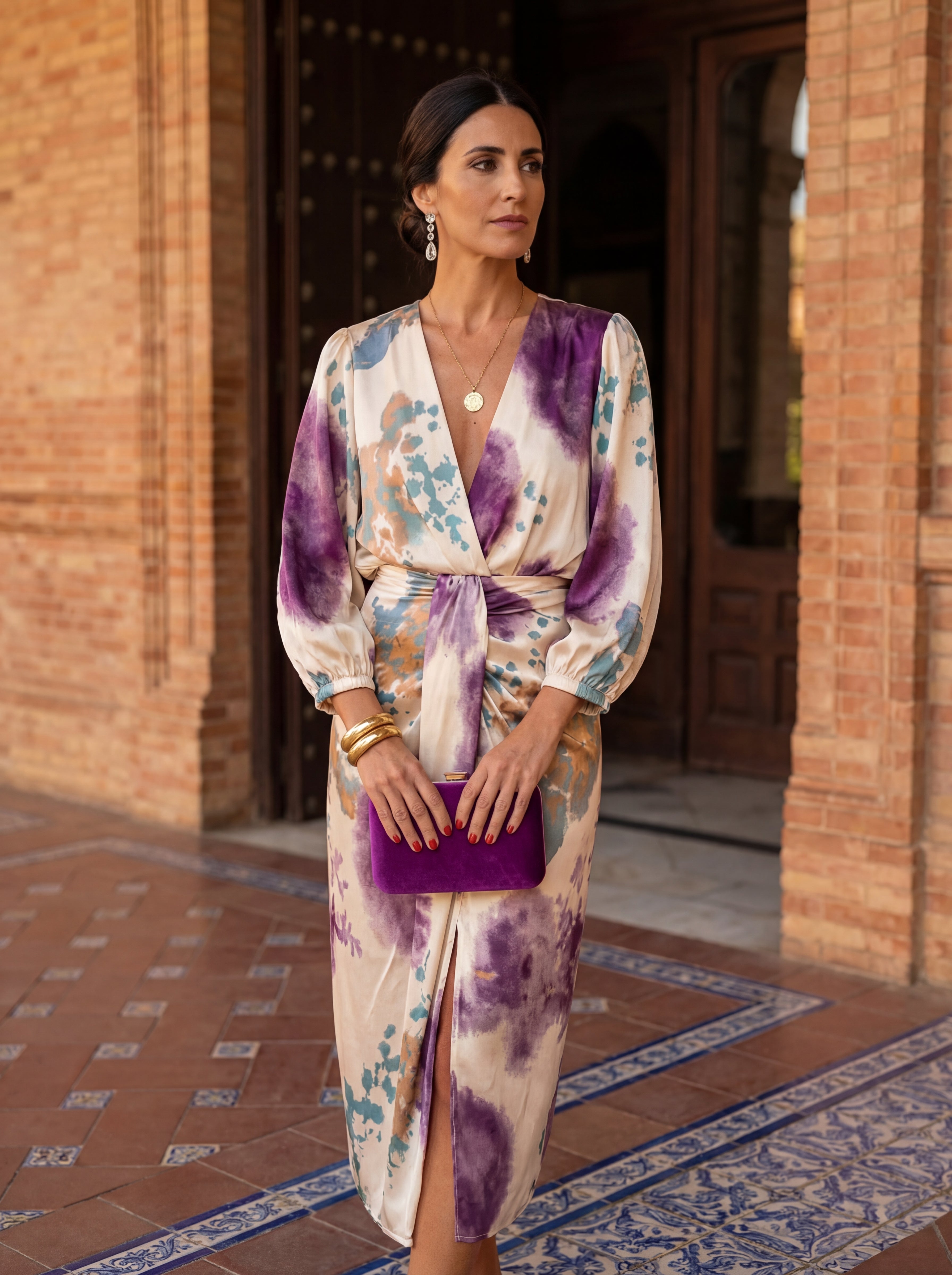 Sylthra - Robe Midi Femme Croisée Décolleté V Élégante Ceinture Ajustée