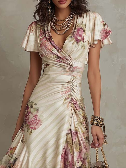 Daxirae - Robe Femme Midi Drapée Florale Élégante Pour Sorties Chic