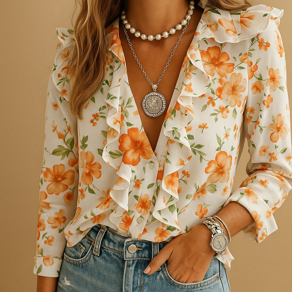 Merel - Blouse with Ruffles and Airy Print, Long Sleeves for Women