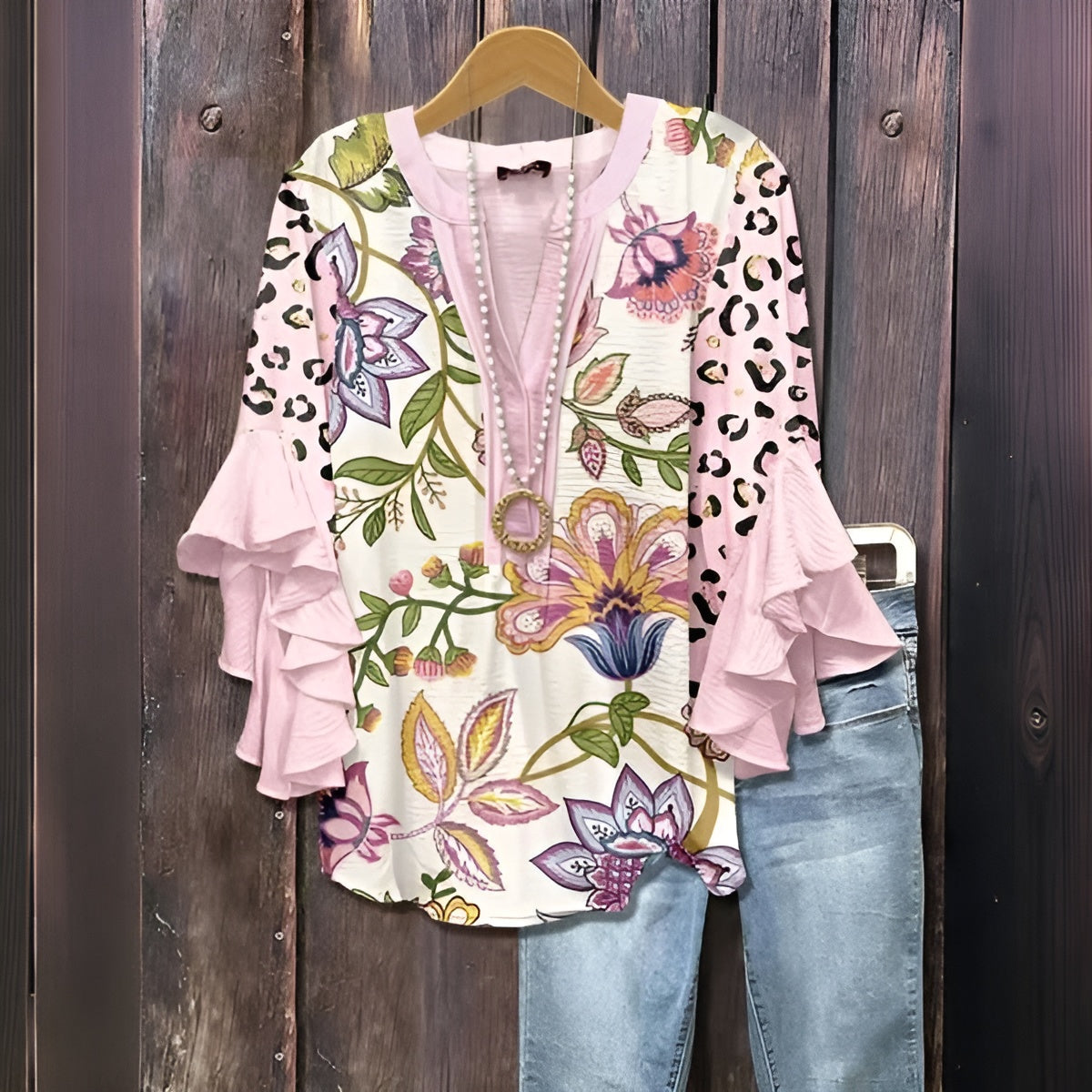 Elyara - Blouse décontractée avec motif de feuilles