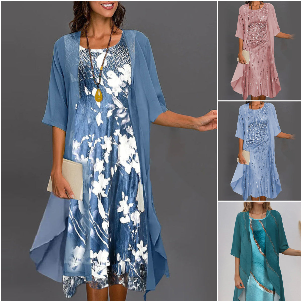 Eleny - Ensemble élégant de robe en chiffon floral en deux parties