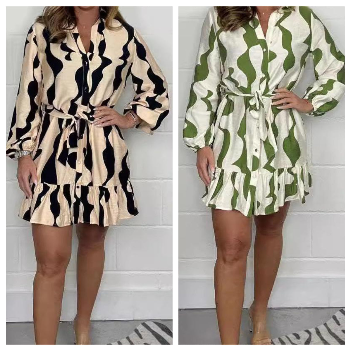 Perlina - Robe Chemise à Rayures Irrégulières avec Col Revers et Ceinture à Nouer