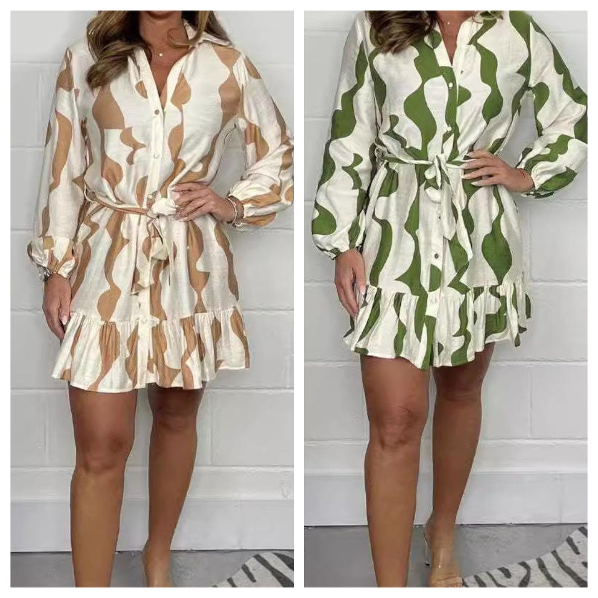 Perlina - Robe Chemise à Rayures Irrégulières avec Col Revers et Ceinture à Nouer