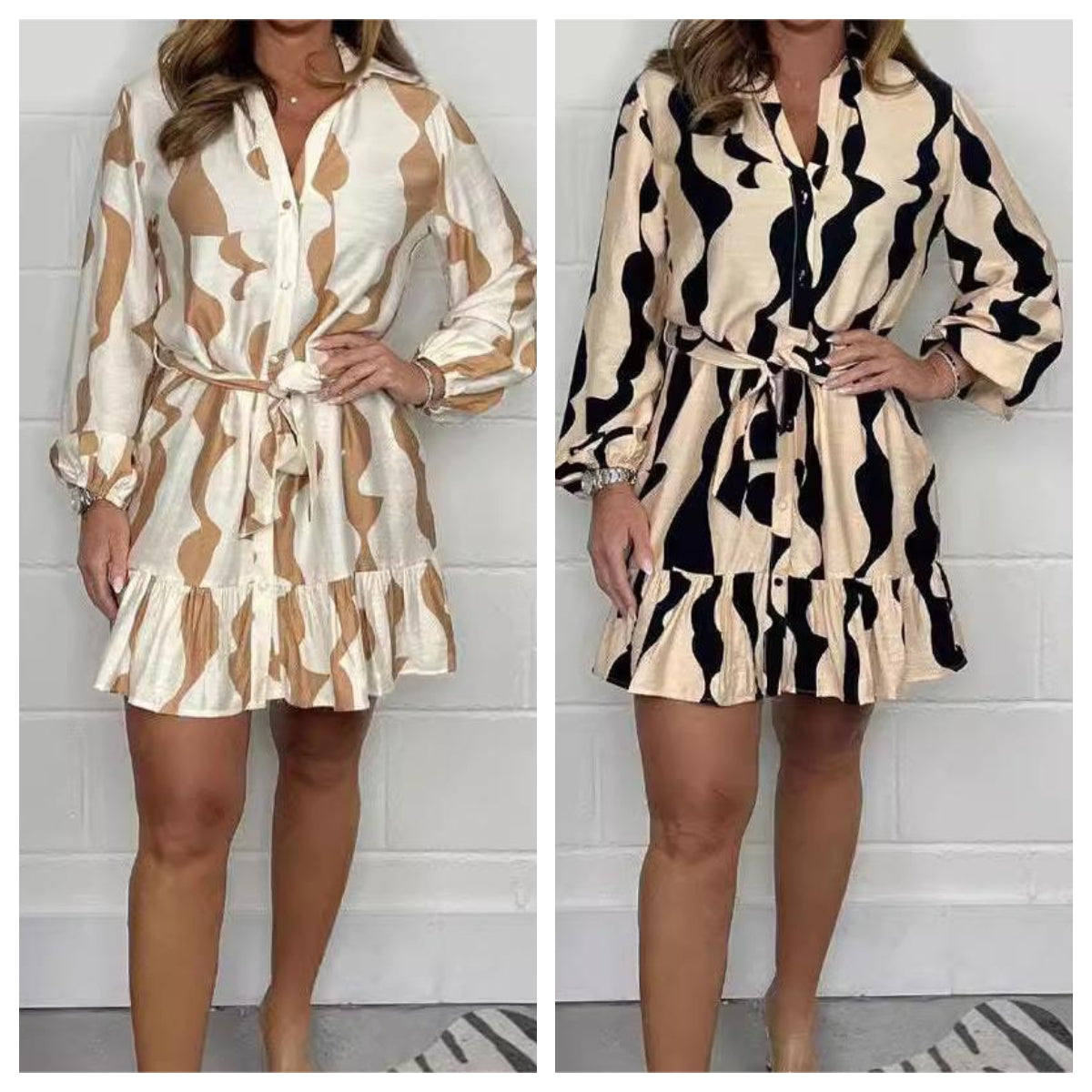 Perlina - Robe Chemise à Rayures Irrégulières avec Col Revers et Ceinture à Nouer