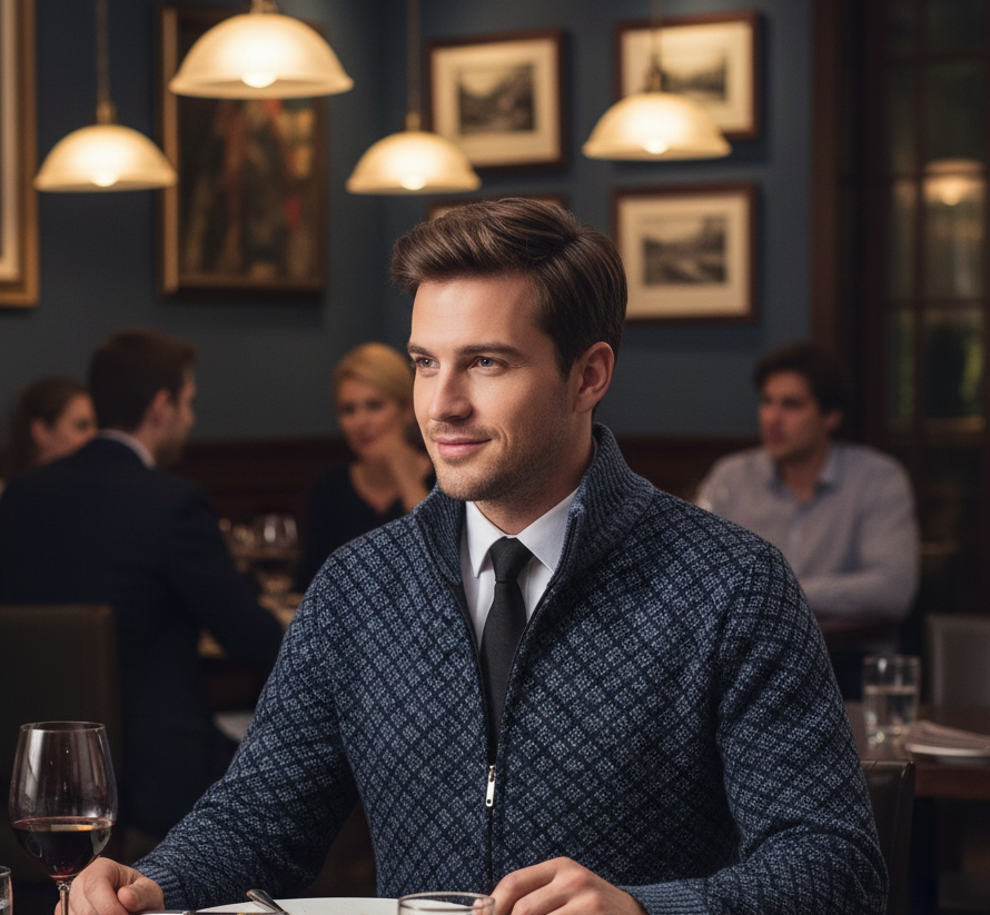 Fabian - Cardigan homme zippé col montant tricot jacquard coupe moderne