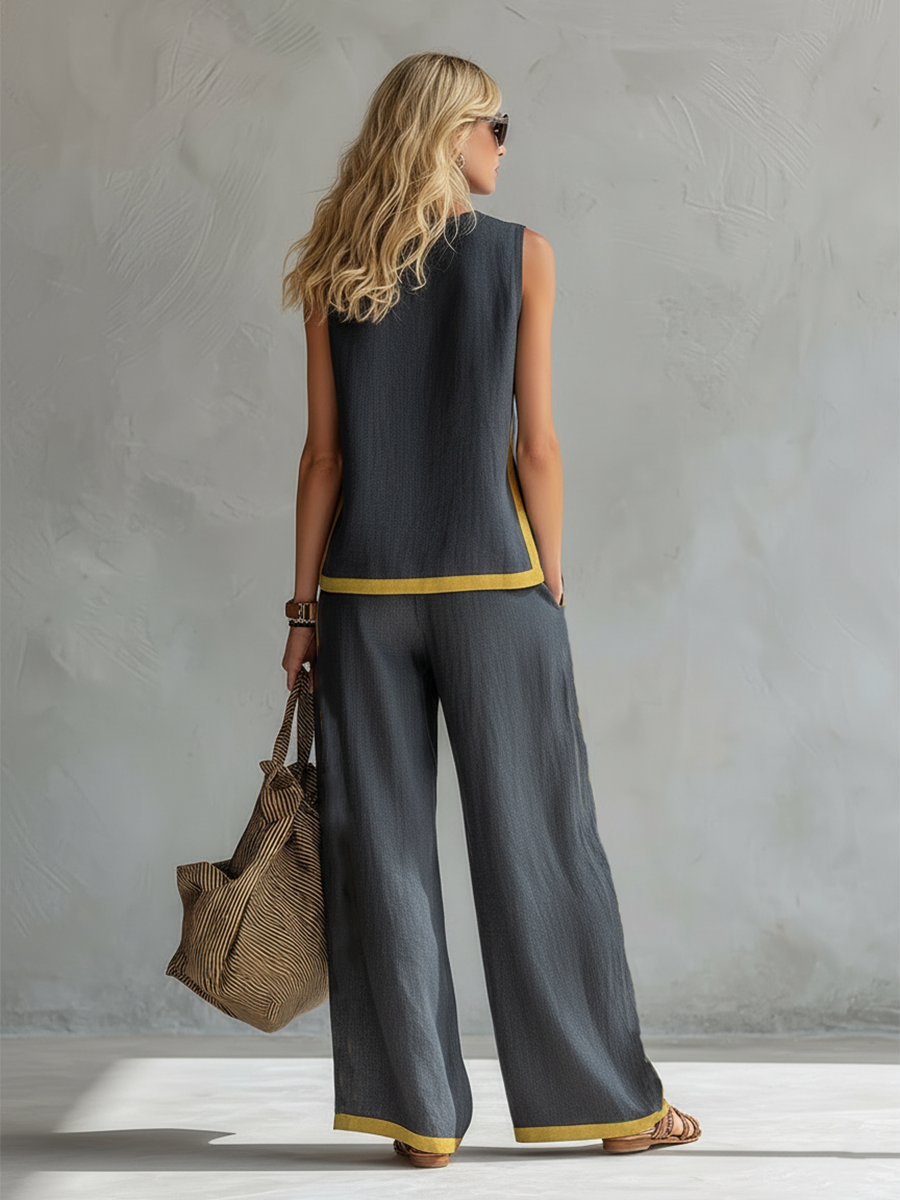 Tavindra - Ensemble Élégant Coton Lin Femme – Haut Sans Manches & Pantalon Large