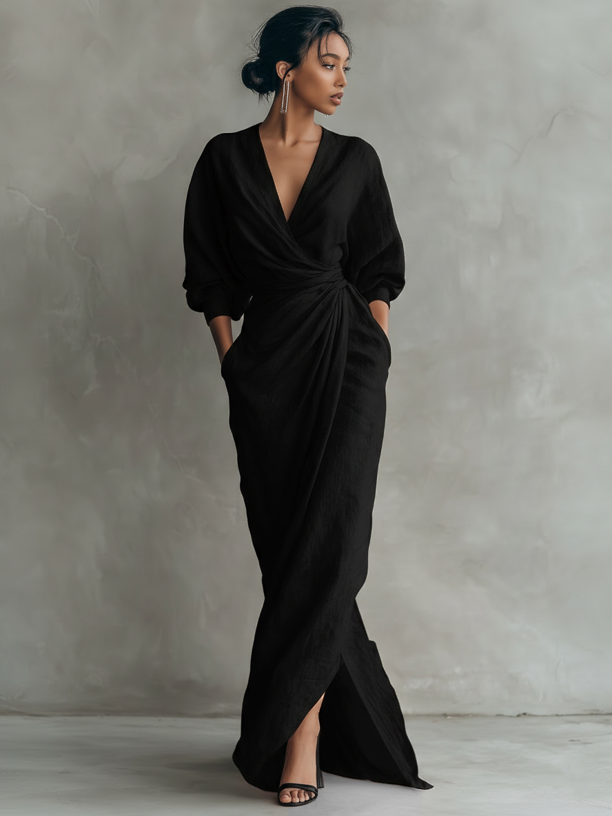 Talyvora - Robe maxi femme élégante en lin avec décolleté en V