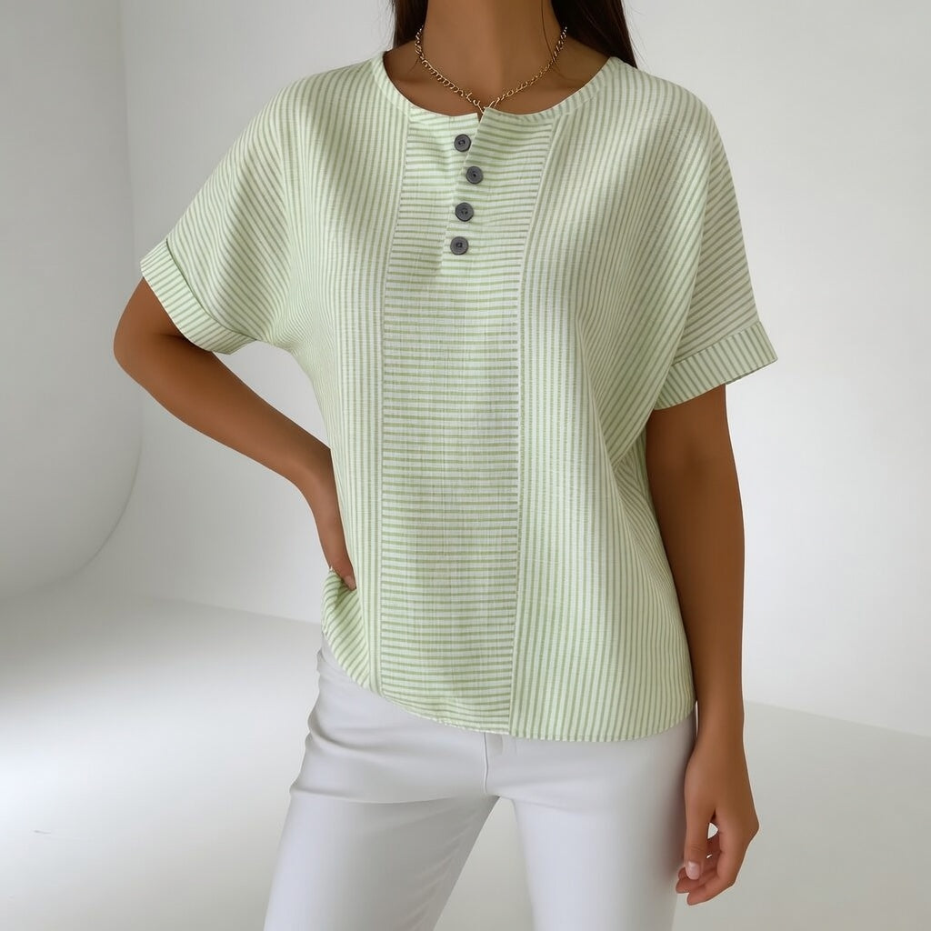 Dovinia - Blouse femme lin rayée manches courtes fluide été casual