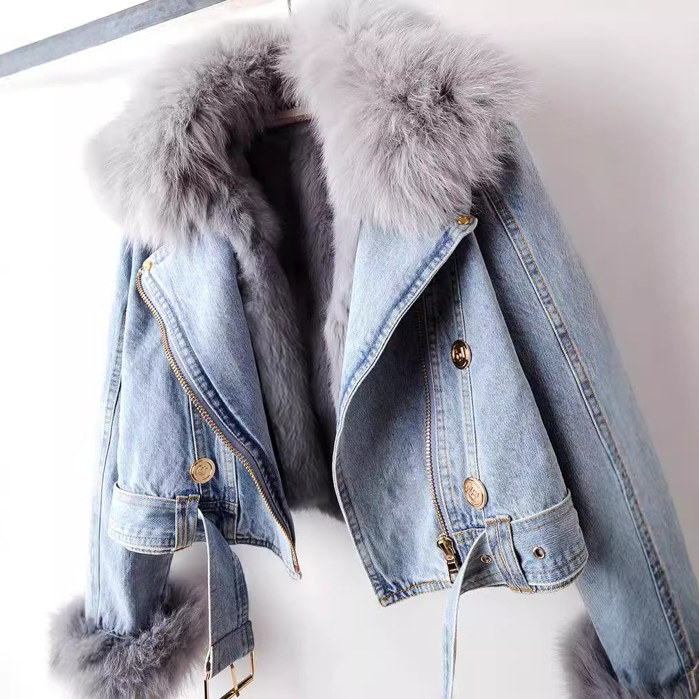 Béatrice - Manteau de denim en fourrure de renard doublé de luxe