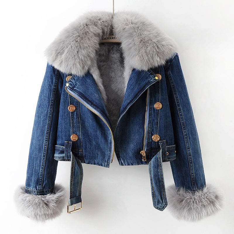 Béatrice - Manteau de denim en fourrure de renard doublé de luxe