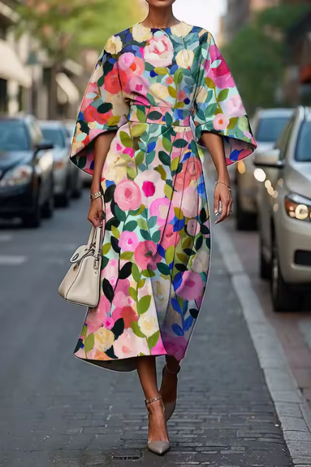 Havirelle - Robe midi florale femme élégante manches fluides imprimé artistique