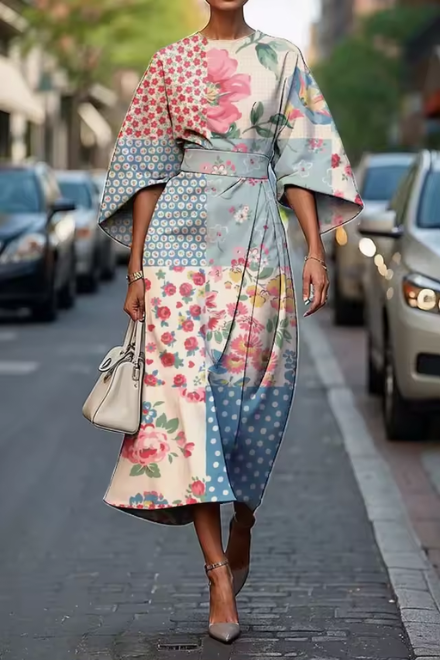 Havirelle - Robe midi florale femme élégante manches fluides imprimé artistique