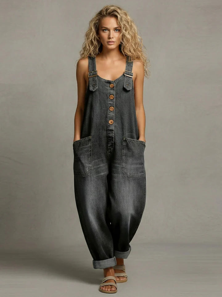 Moxelle - Combinaison Femme Denim Salopette Large avec Poches et Bretelles