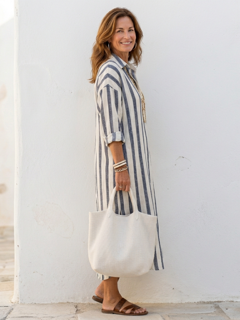 Tyvessa - Robe chemise midi femme à rayures verticales
