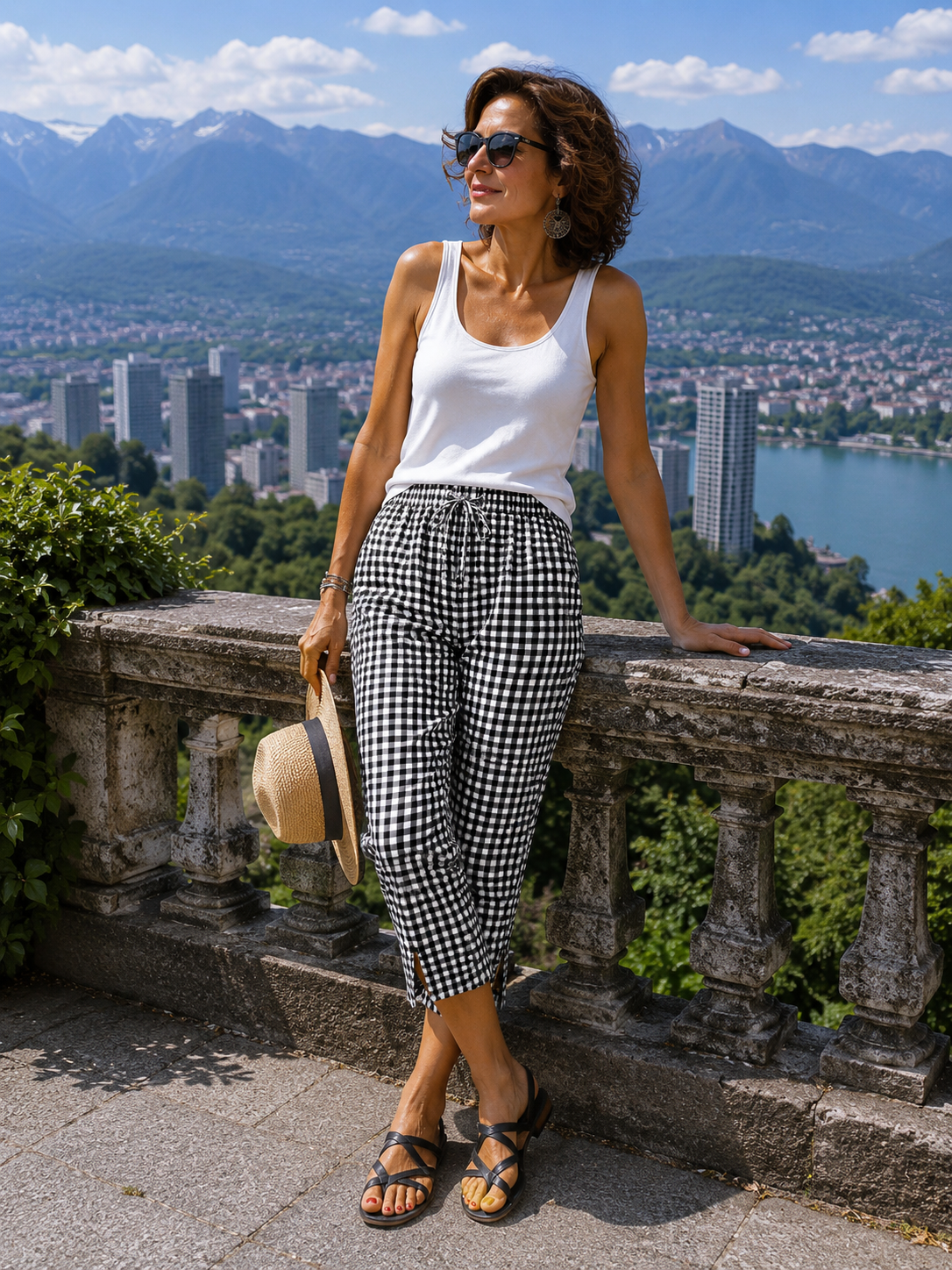 Novirae - Pantalon capri femme à carreaux vichy coupe décontractée