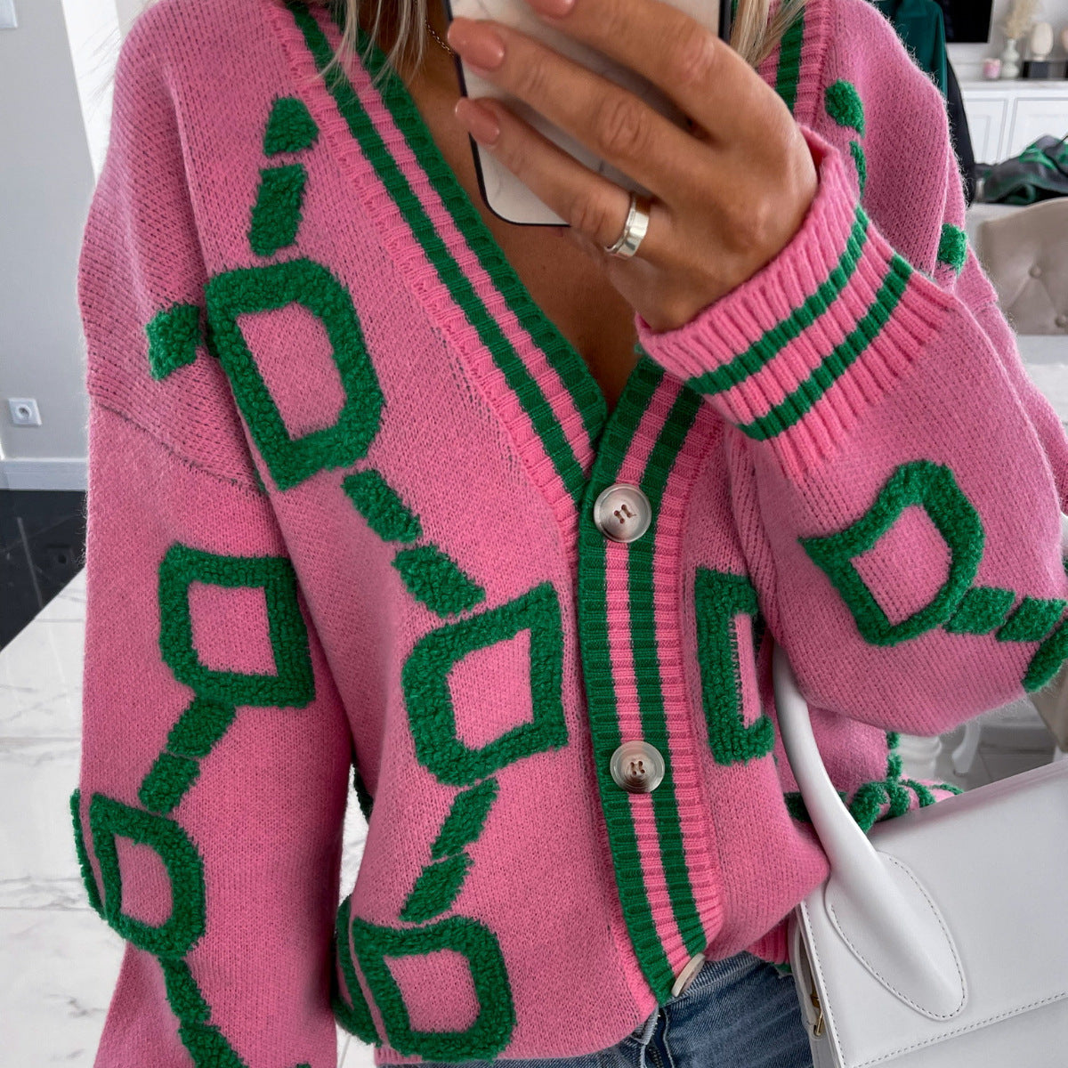 Aliza - Cardigan Tricot à Col V et Contrasté