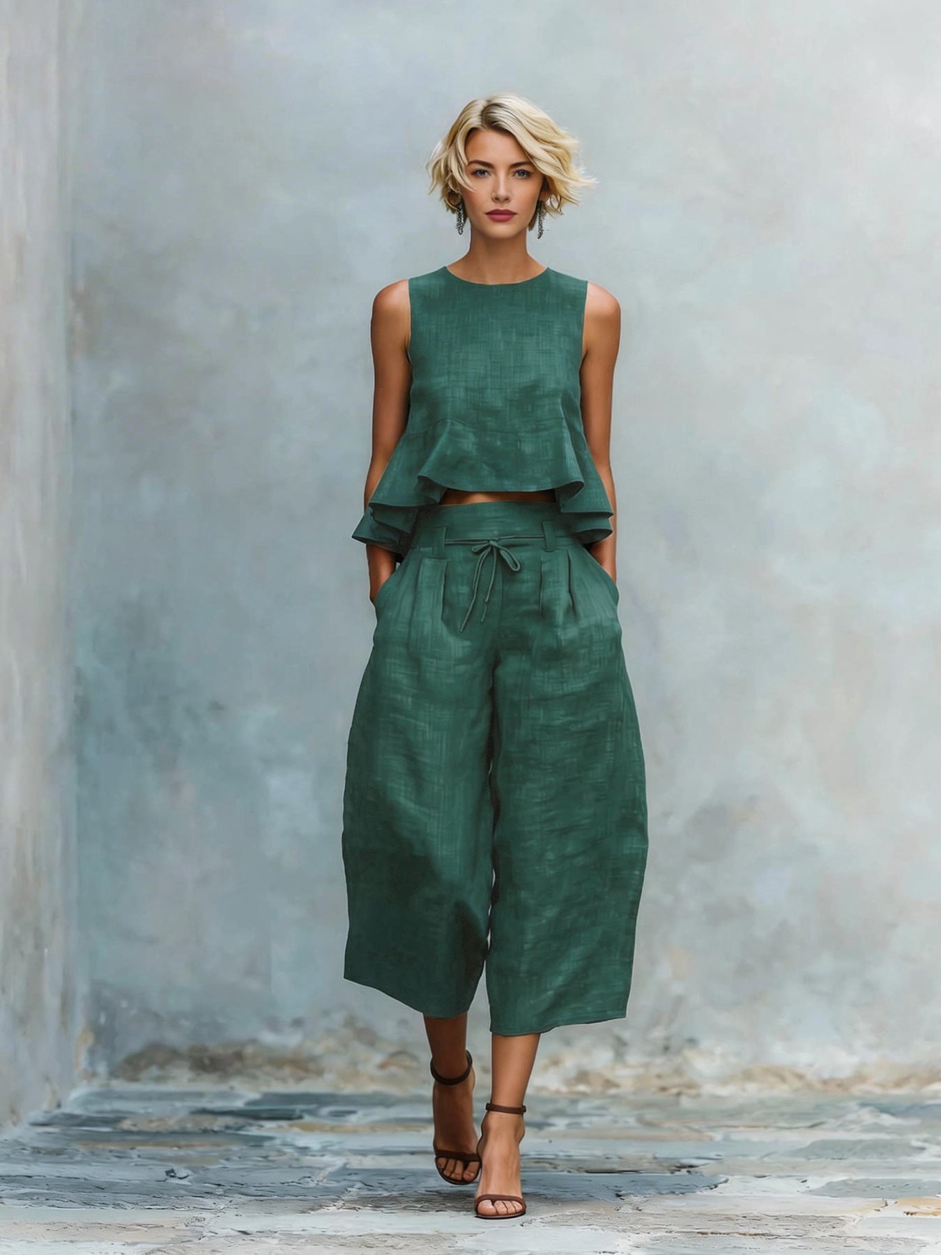 Quessoria - Ensemble femme deux pièces haut volanté et pantalon large