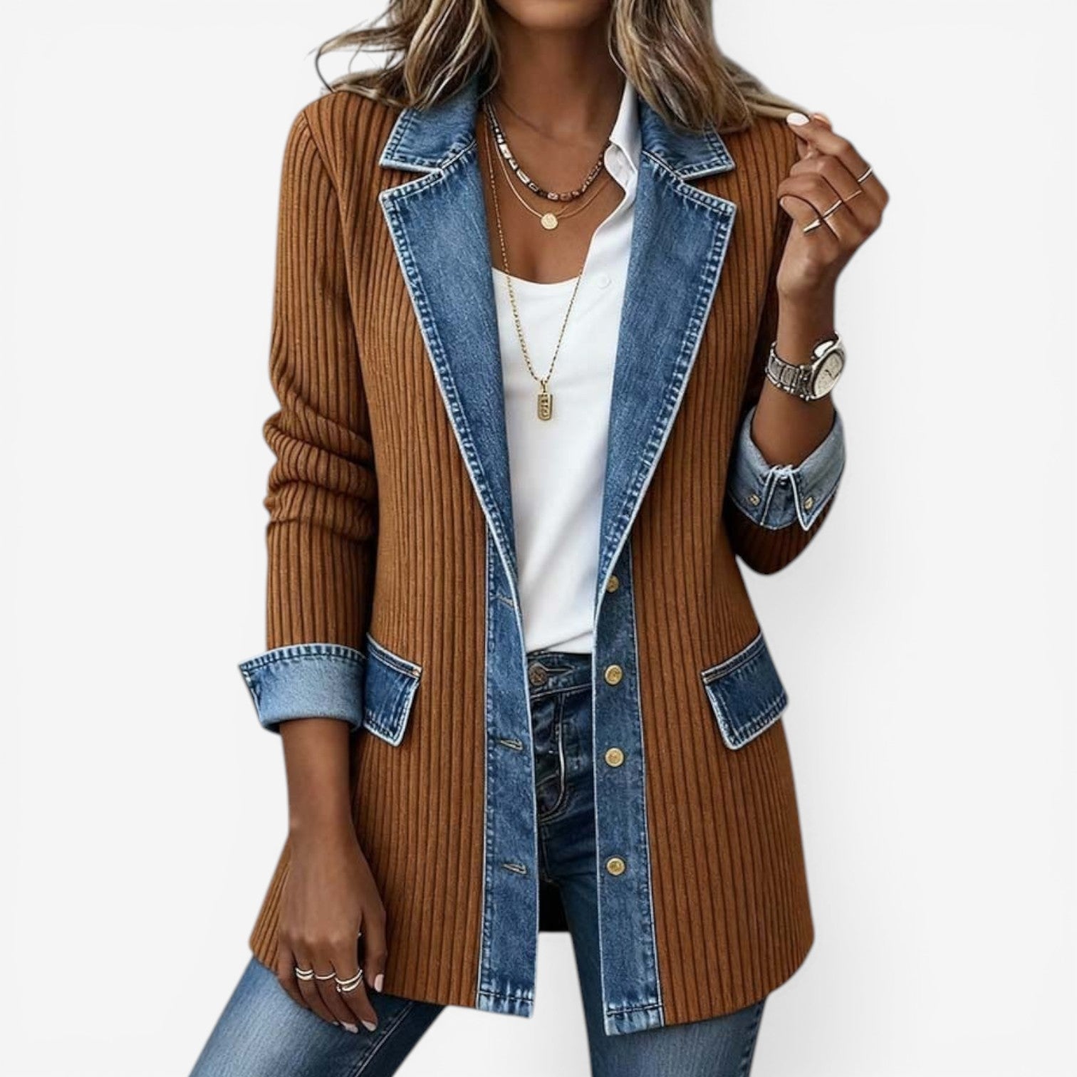 Tirexa - Veste Femme Style Denim Mélangé Effet Superposé Moderne