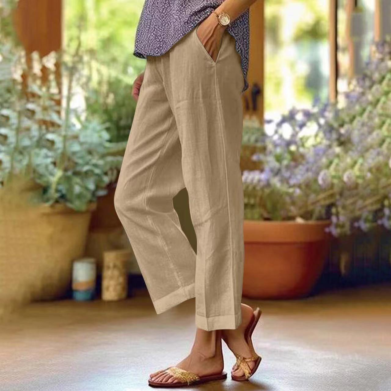 Ixoriae - Pantalon Ample en Coton et Lin avec Taille Élastique