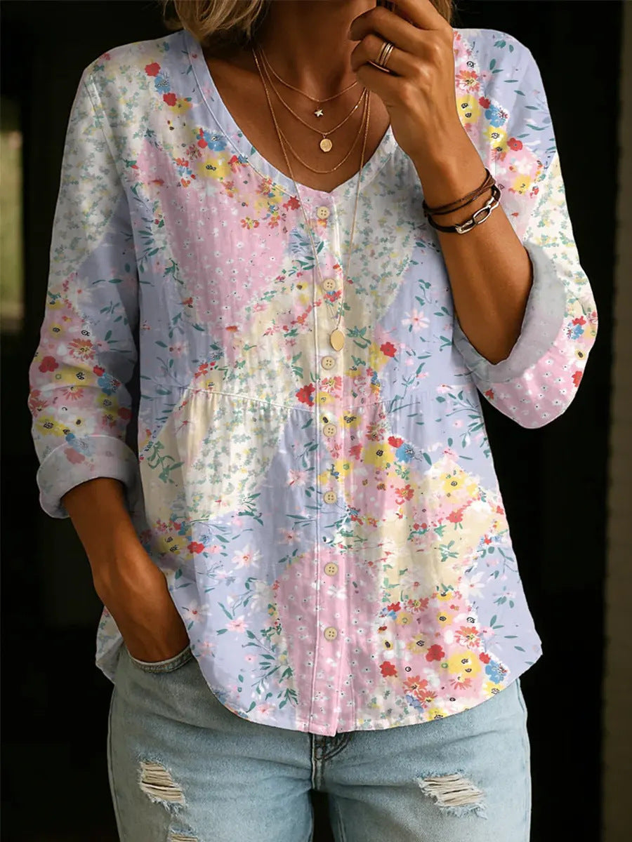 Cirexa - Blouse femme patchwork floral col V fluide été casual