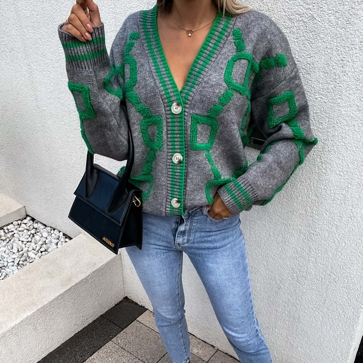 Aliza - Cardigan Tricot à Col V et Contrasté
