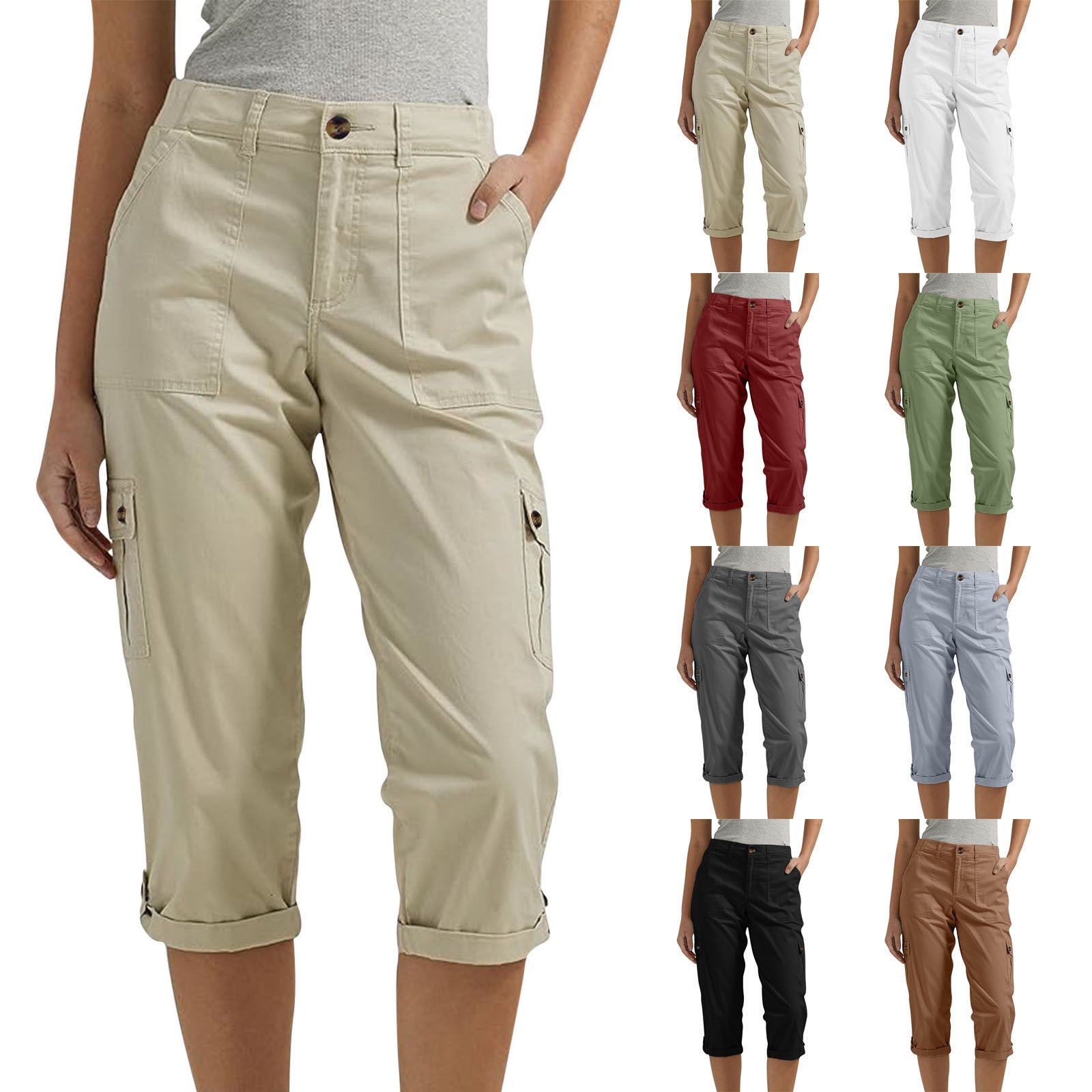Ophiria - Pantalon cargo capri femme multi poches coupe décontractée